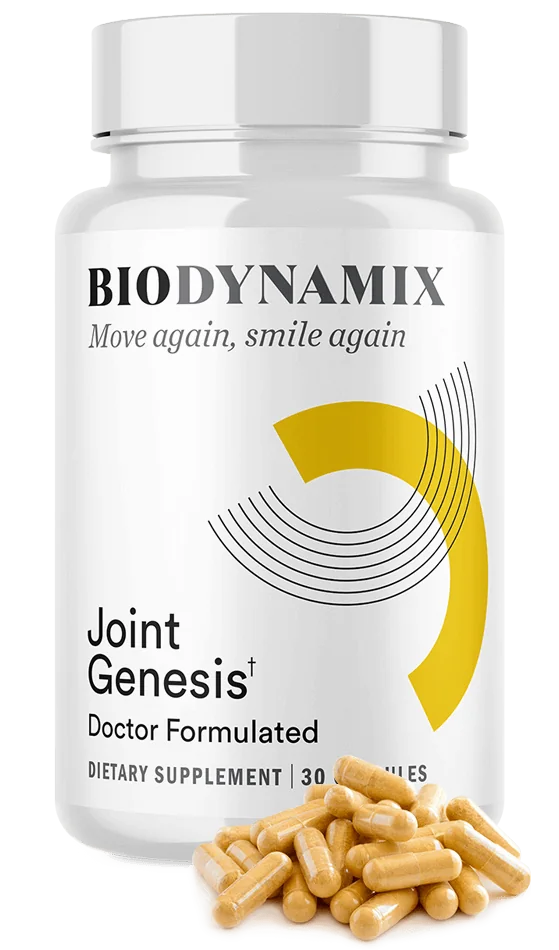 Joint Genesis bottle with the BioDynamix label and a pile of capsules on a white background