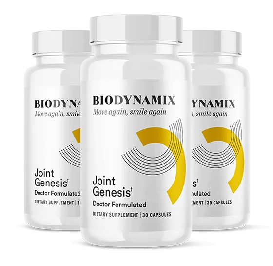 Three bottles of Joint Genesis capsules with the BioDynamix label