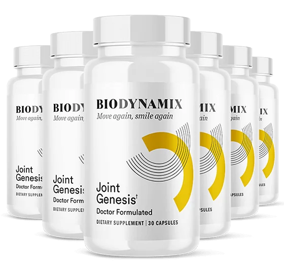 Six bottles of Joint Genesis capsules with the two e-books